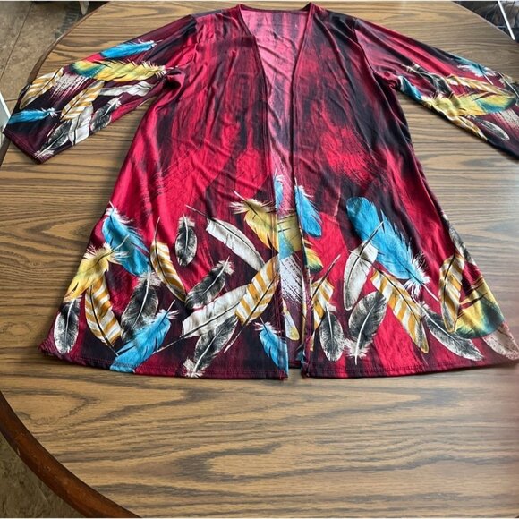 Burgundy blue gold open front cardigan with feathers size Medium - Picture 1 of 5